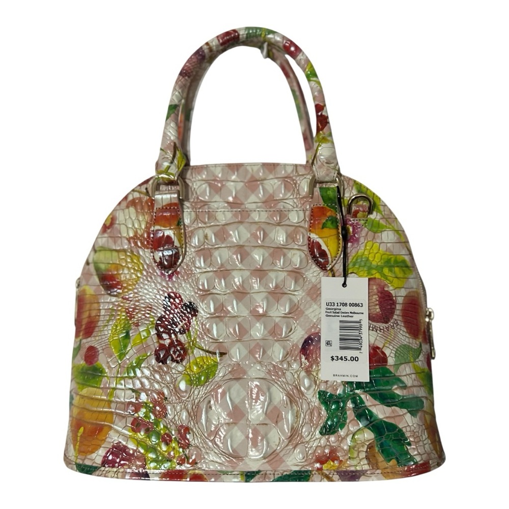 Brahmin Floral Embossed Leather Satchel in Pink, Green, Yellow, Orange